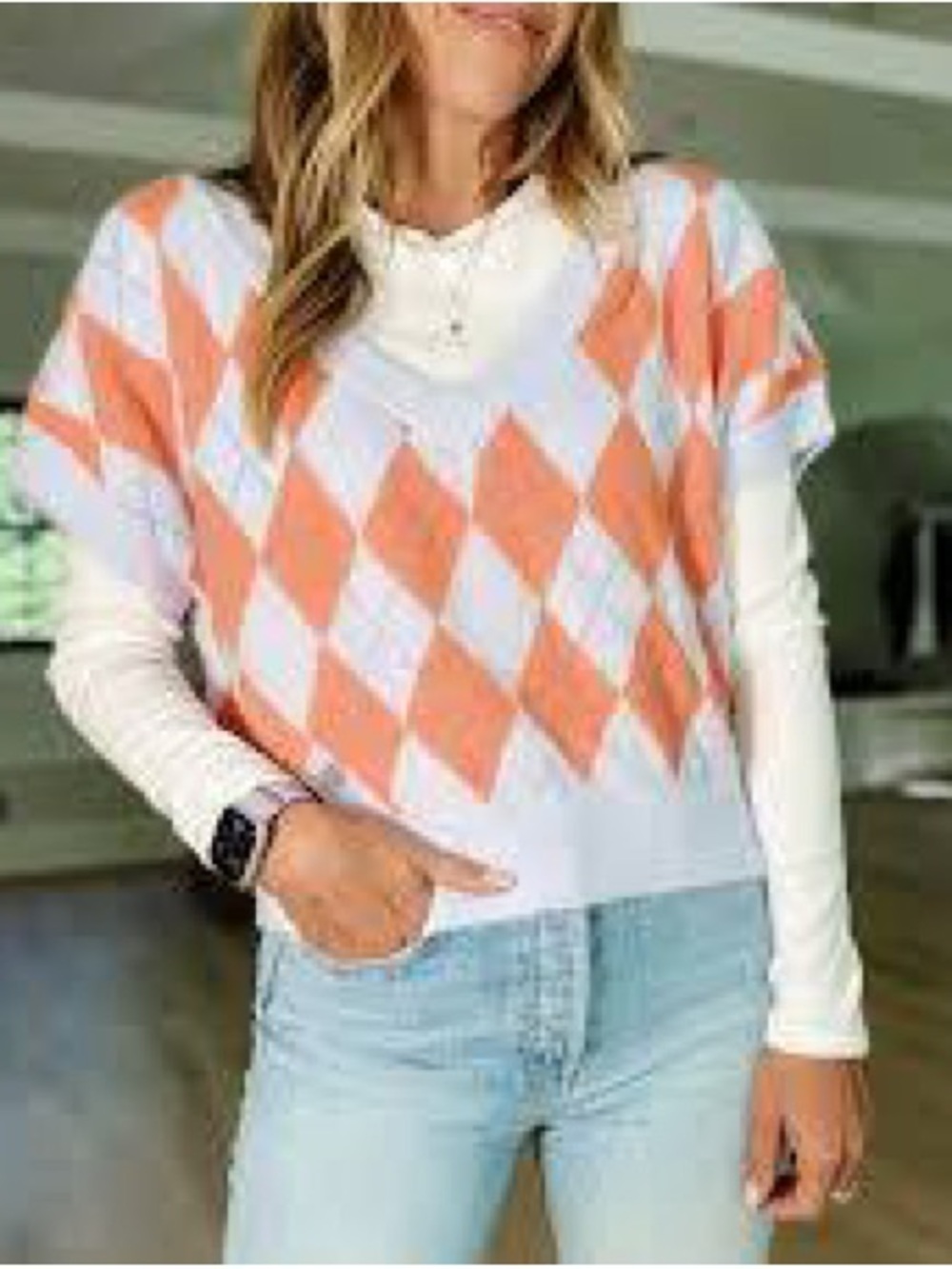 Free People Orange and cream Argyle V-Neck Sweater